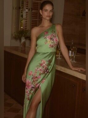 BHLDN One Shoulder Satin Floral Slit Maxi Dress Formal Wedding Party NYE